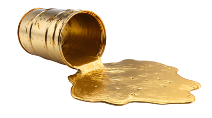 Golden paint spills from a metal bucket onto a white background, gold liquid pouring out with luxury and wealth and precious and metallic and art