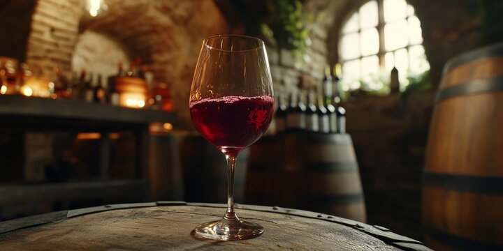 A half full wine glass sits atop a wooden barrel in an underground wine cellar with stone walls and arches.
