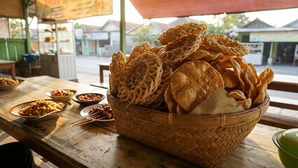 Traditional Indonesian Snacks in a Woven Basket at a Local Eatery.