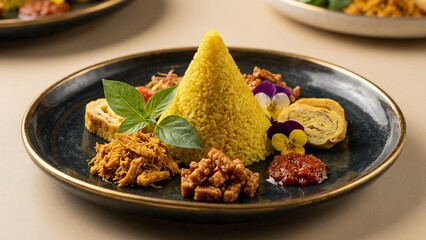 Traditional Indonesian Nasi Tumpeng - A Vibrant Culinary Masterpiece with Yellow Rice and Assorted Side Dishes.