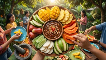 Vibrant Thai Fruit Platter with Spicy Dip Shared Among Friends in a Lush Garden Setting.