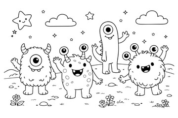 Cute Monster Coloring Page with Stars and Clouds for Kids © Aldo