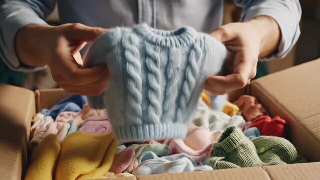 Hands sift through a vibrant collection of soft baby clothes in various colors and styles, revealing the joy of discovery. Each piece hints at unique memories and artistic craftsmanship.
