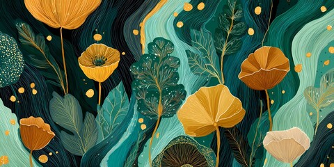 Abstract botanical painting featuring stylized leaves and yellow blossoms