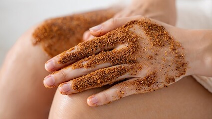 Woman applying coffee scrub on leg with hand for cellulite treatment and skin exfoliation, natural spa skincare routine