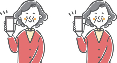 スマホを持つシニア女性　上半身　ベクター