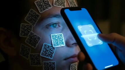 Close Up of Smartphone Scanning QR Code Stickers on Face in Blue Light - Powered by Adobe