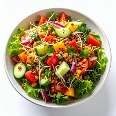 Vibrant and colorful salad bowl on a white surface, featuring a mix of fresh vegetables
