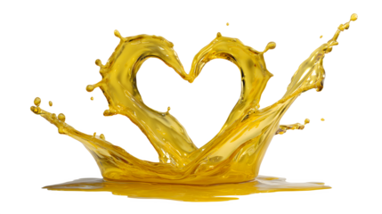 Golden liquid splashing in a heart shape on a white background with droplets flying around with love and romance and valentine and emotion and abstract