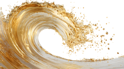 A splash of liquid gold creating a hollow tunnel shape with swirling motion on a white background with golden wave and fluid dynamics and metallic liquid