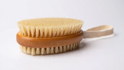 Double-sided natural wooden body brush with bristles on both sides on white background, spa tool for dry brushing and exfoliation