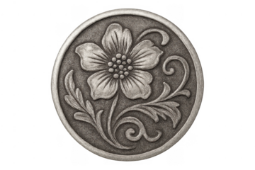 Antique silver medallion with floral carving and transparent background