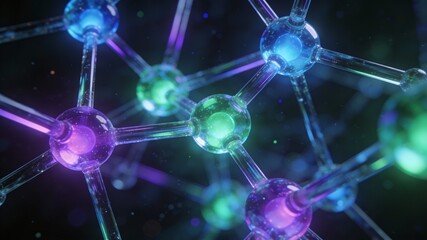 Complex 3D Network Structure Resembling a Crystal Lattice, with Transparent, Glass-Like Rods and Glowing Neon Spheres: Illuminated by Shifting Neon Colors on a Dark Scientific Background.