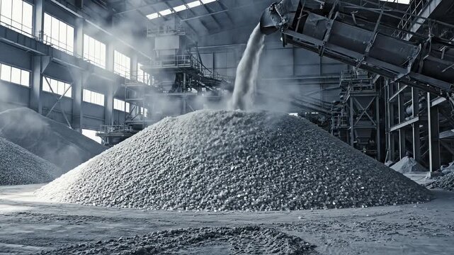 Industrial raw material processing plant footage with conveyor belt pouring aggregate into a large pile of material within a factory setting
