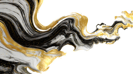 A splash of liquid gold mixed with black ink creates a marble effect on a white background with swirling patterns and metallic sheen with abstract