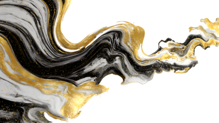 A splash of liquid gold mixed with black ink creates a marble effect on a white background with swirling patterns and metallic sheen with abstract