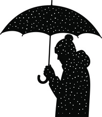 Silhouette of person holding umbrella in snowfall