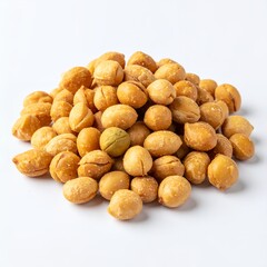 Pile of flavorful coated peanuts presented on a clean and pristine white background