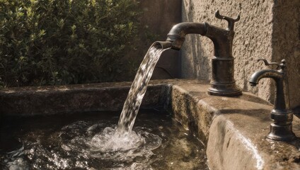 Water flowing from antique faucet into stone basin outdoors.