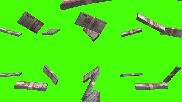 Chilean Peso banknotes falling on green screen, CLP currency rain