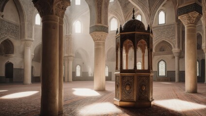 Serene Interior of a Historic Synagogue with Sunlight.