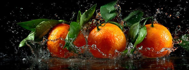 Vibrant fresh tangerines with lush green leaves, dynamically splashed with cool water against a dark backdrop, evoking a sense of refreshing natural purity