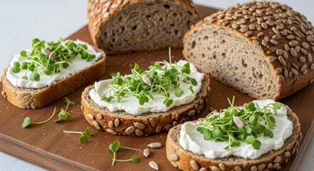 Fresh wholegrain bread with cream cheese and microgreens on wooden board