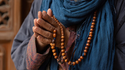 Hands clasped in prayer with prayer beads.