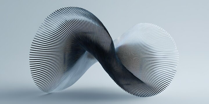 A 3D abstract sculpture with twisted, flowing black and white lines forming a dynamic, infinite loop.