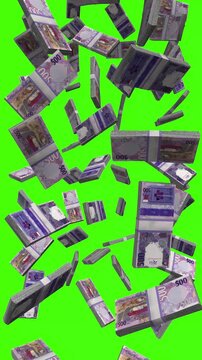 Vertical Qatari Riyal bills falling on chromakey, QAR finance animation