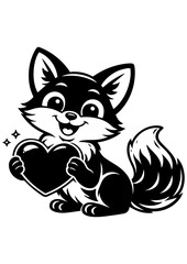 Obraz premium Cute fox holding black heart vector line art, black and white illustration for engrave, laser engrave and gothic decor