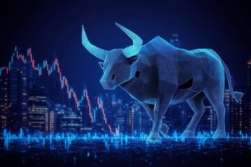 Futuristic Digital Bull on a Technological Skyline Representing Downtrend in Stock Market Trends