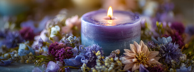 Close-up shot of a purple candle with a lit flame, surrounded by dried flowers and plants, creating a serene and calming atmosphere