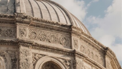 Ornate Dome Architecture with Intricate Carvings and Cloudy Sky Backdrop.