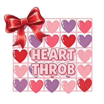 Heart Throb Text with Red Bow and Pink Purple Hearts Grid Vector Illustration Isolated on White
