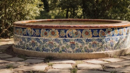 Ornate Ceramic Garden Planter in Outdoor Setting.