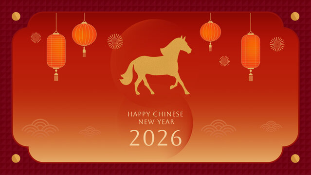 Chinese New Year 2026 greeting card featuring a golden horse silhouette, hanging lanterns, and festive red and gold elements. Elegant traditional design celebrating the Year of the Horse.