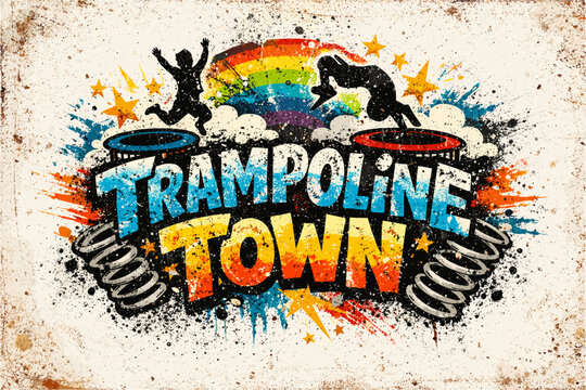 Colorful grunge trampoline fun with silhouettes and rainbow elements