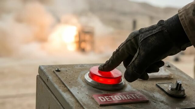 Close Up Gloved Hand Pressing Red Detonate Button with Explosion Background 4K