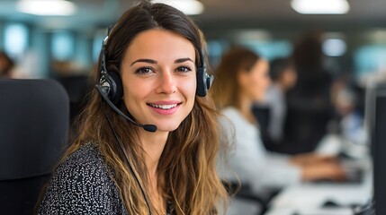 A smiling customer service representative wears a headset in an office setting. Other people are at desks