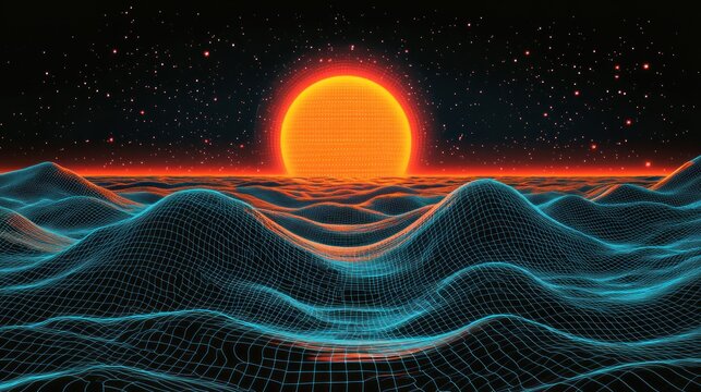 Retro futuristic synthwave landscape with a large orange sun setting over a gridded ocean.