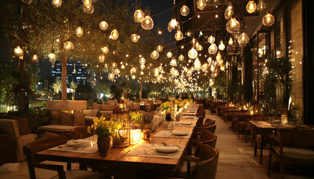 Elegant outdoor dining restaurant set up for an evening event with warm string lights creating a magical and inviting ambiance for guests