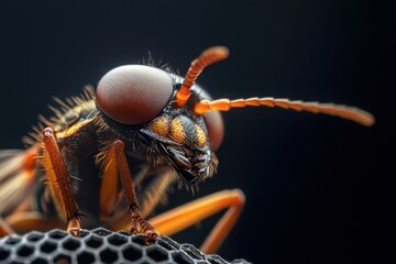 Close up view of insect compound eye with detailed antenna and hairy body parts, showing intricate textures and vibrant orange tones against dark background