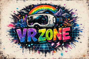 Colorful retro vr zone design with galaxy and digital elements