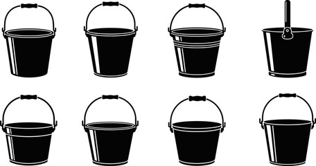 Bucket silhouettes collection, plastic pail and cleaning bucket set, black vector illustration of household containers isolated on white background for design use © Sarsoti