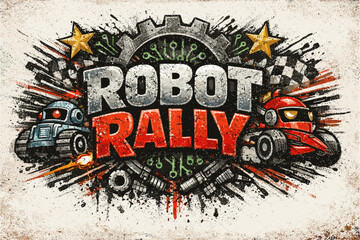 Robot rally: grunge style robotic race with gears and checkered flags