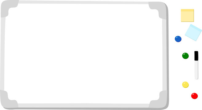 Whiteboard mit Magneten, Stift und Haftnotizen als png Datei auf transparentem Hintergrund