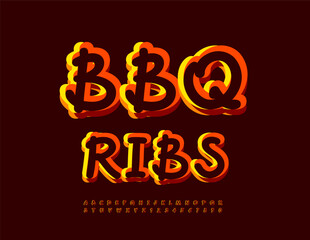 Vector Cooking poster BBQ Ribs. Bright Colorful Font. Playful Alphabet Letters and Numbers set. 