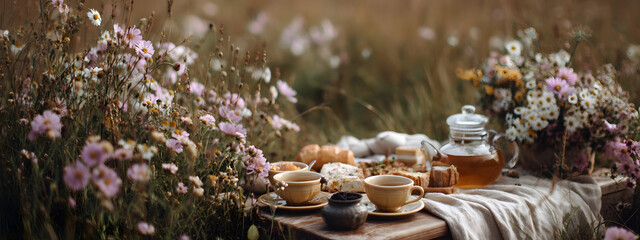 A serene outdoor picnic setting with steaming tea and pastries on a rustic table amidst a field of wildflowers