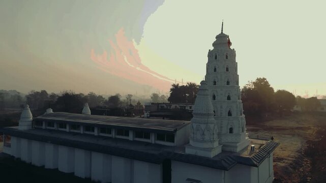 Temple Drone Shot in Korba | Manas Temple, Lush Scenery & Calm Surroundings, Scenic Aerial Stock Footage